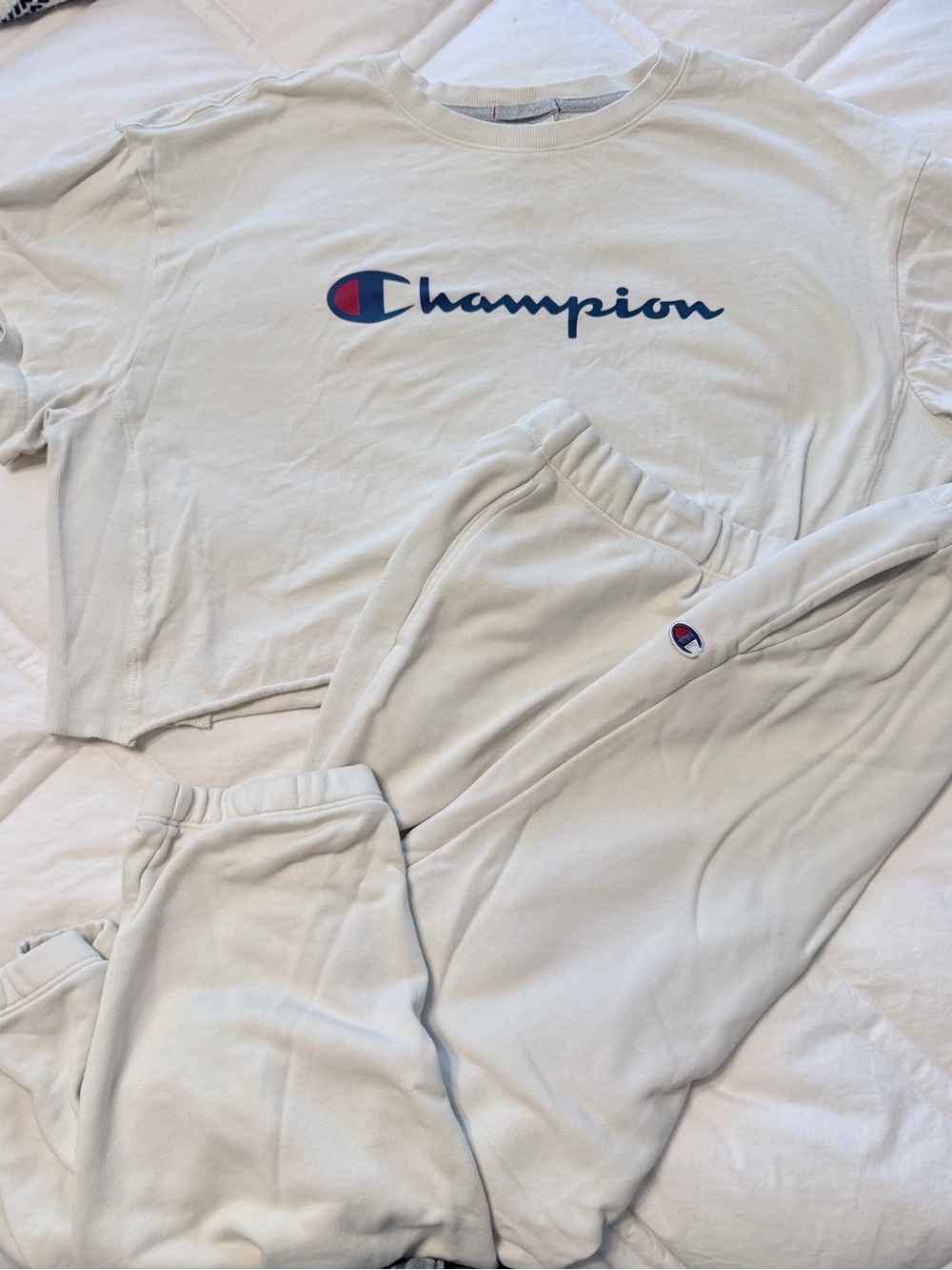 Champion Cream Women’s Jogger Sweat Pants & Cropped Tee Set - Classic Logo